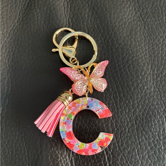 Pink Butterfly Letter C Bag Charm Keychain - Picture 2 of 4